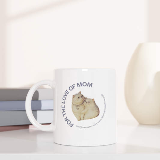 White classic ceramic mug for mothers day with funny text and graphic mommy on table