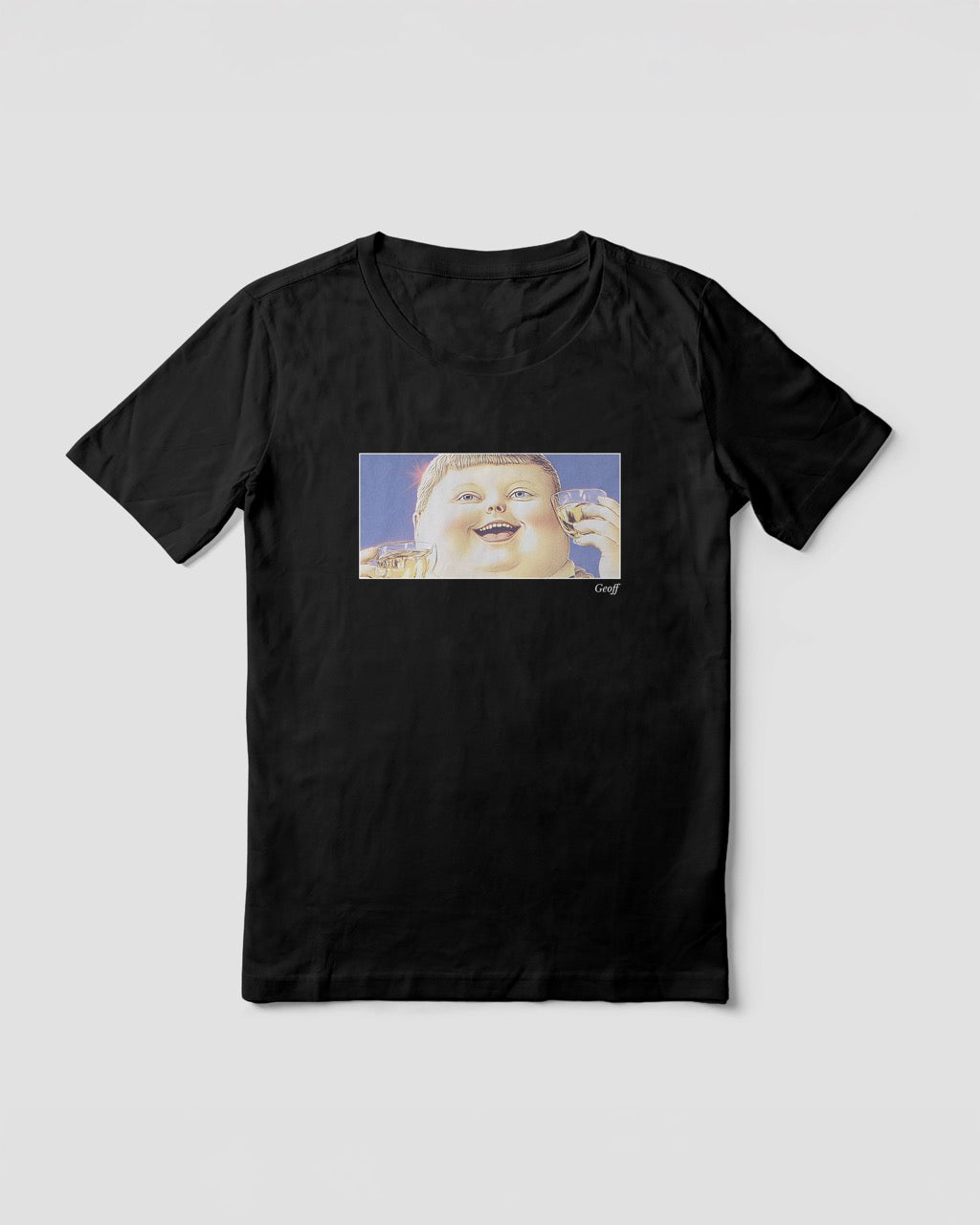 Women's black organic cotton Geoff & Jeffrey t-shirt with a framed graphic print of a jolly, proud boy (Geoff) looking upwards holding drinks for apero, with his name 'Geoff' subtly printed in Libre Baskerville below the image. The t-shirt has a feel good aesthetic.