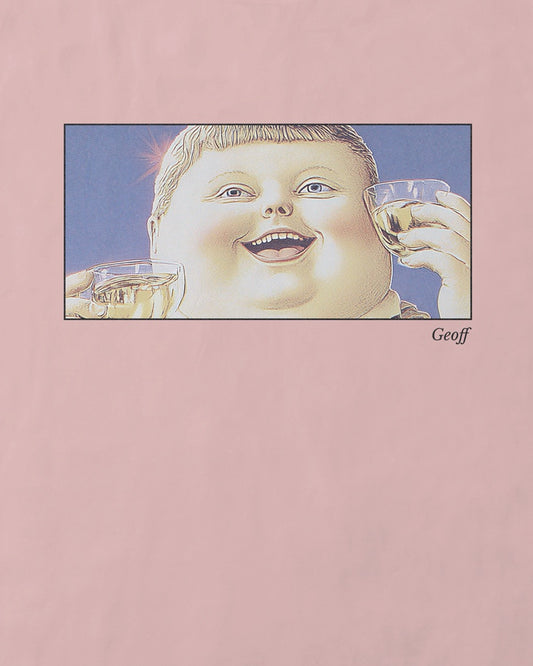 Close up of a women's pink organic cotton Geoff & Jeffrey t-shirt with a framed graphic print of a jolly, proud boy (Geoff) looking upwards holding drinks for apero, with his name 'Geoff' subtly printed in Libre Baskerville below the image. The t-shirt has a feel good aesthetic.