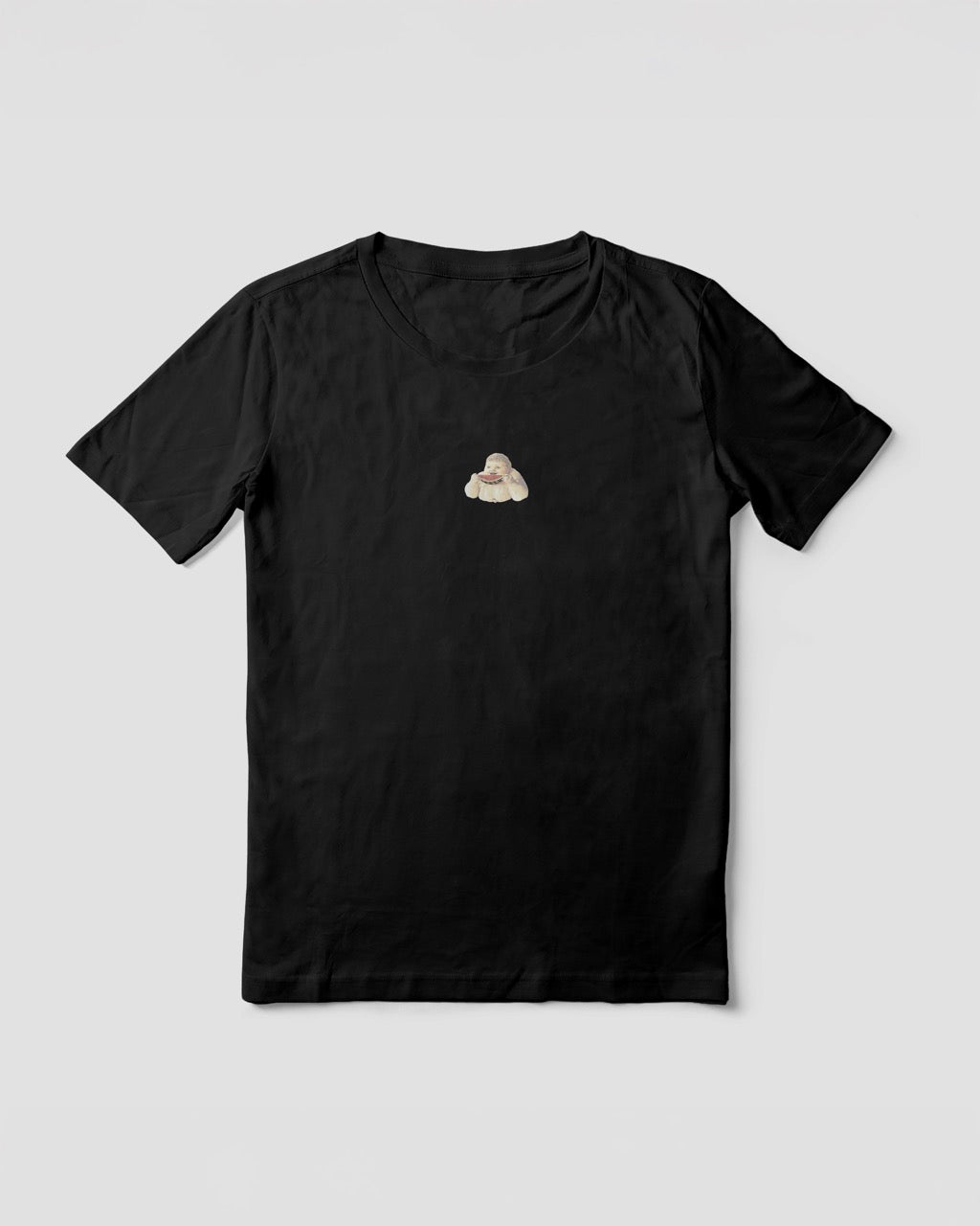 Women's black organic cotton Geoff & Jeffrey t-shirt with a graphic print of a jolly, proud boy (Geoff) smiling and eating a watermelon, with his name 'Geoff' subtly printed in Libre Baskerville below the image. The t-shirt has a cute aesthetic
