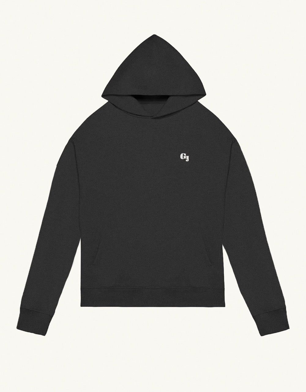 Black organic cotton Geoff & Jeffrey hooded sweater with drop shoulders and a logo GJ on the front