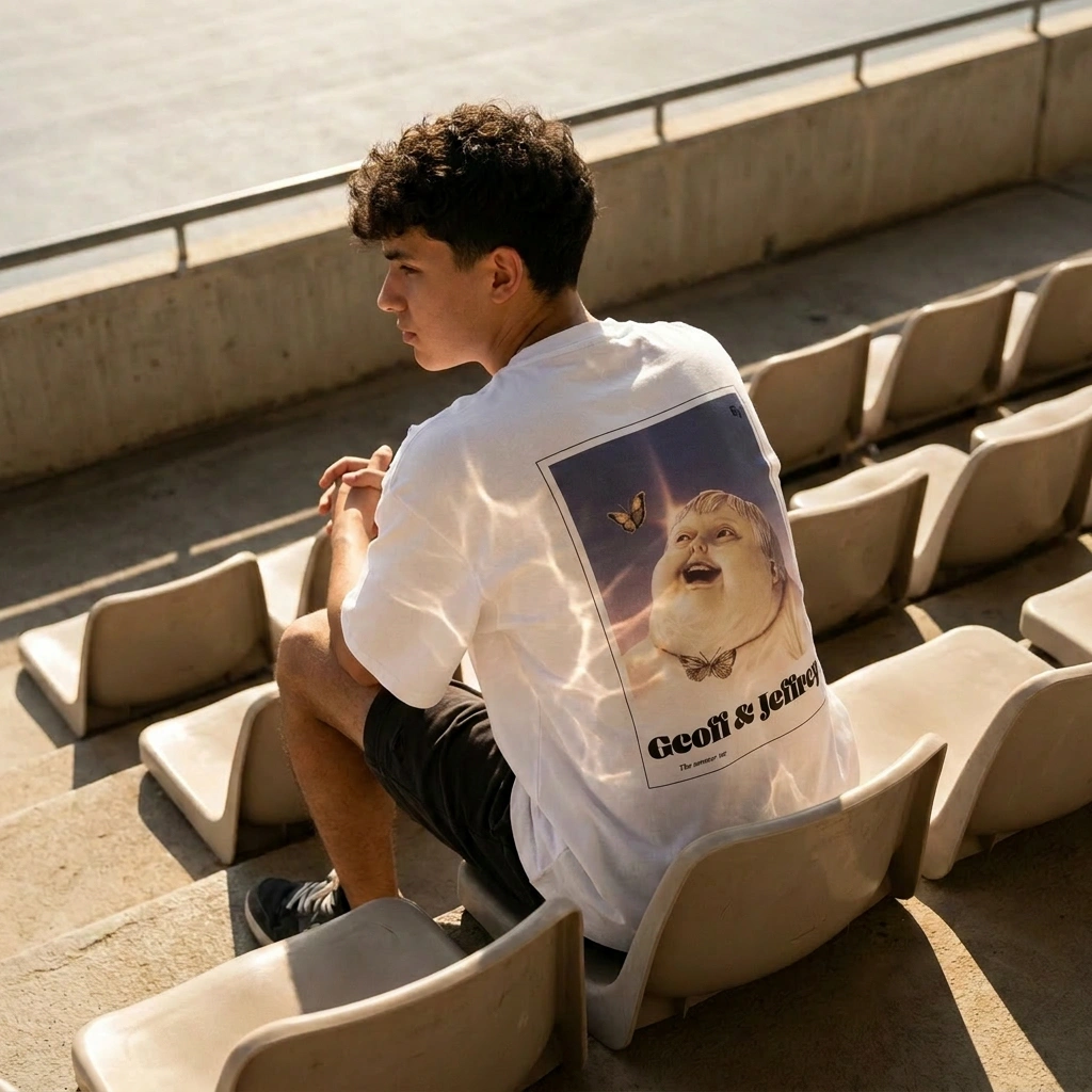 person sitting on steps wearing white organic cotton Geoff & Jeffrey unisex t-shirt with drop shoulders  and a large graphic backprint of a joyful, proud boy (Geoff) enjoying summer with butterfly, with the brandname and title printed below