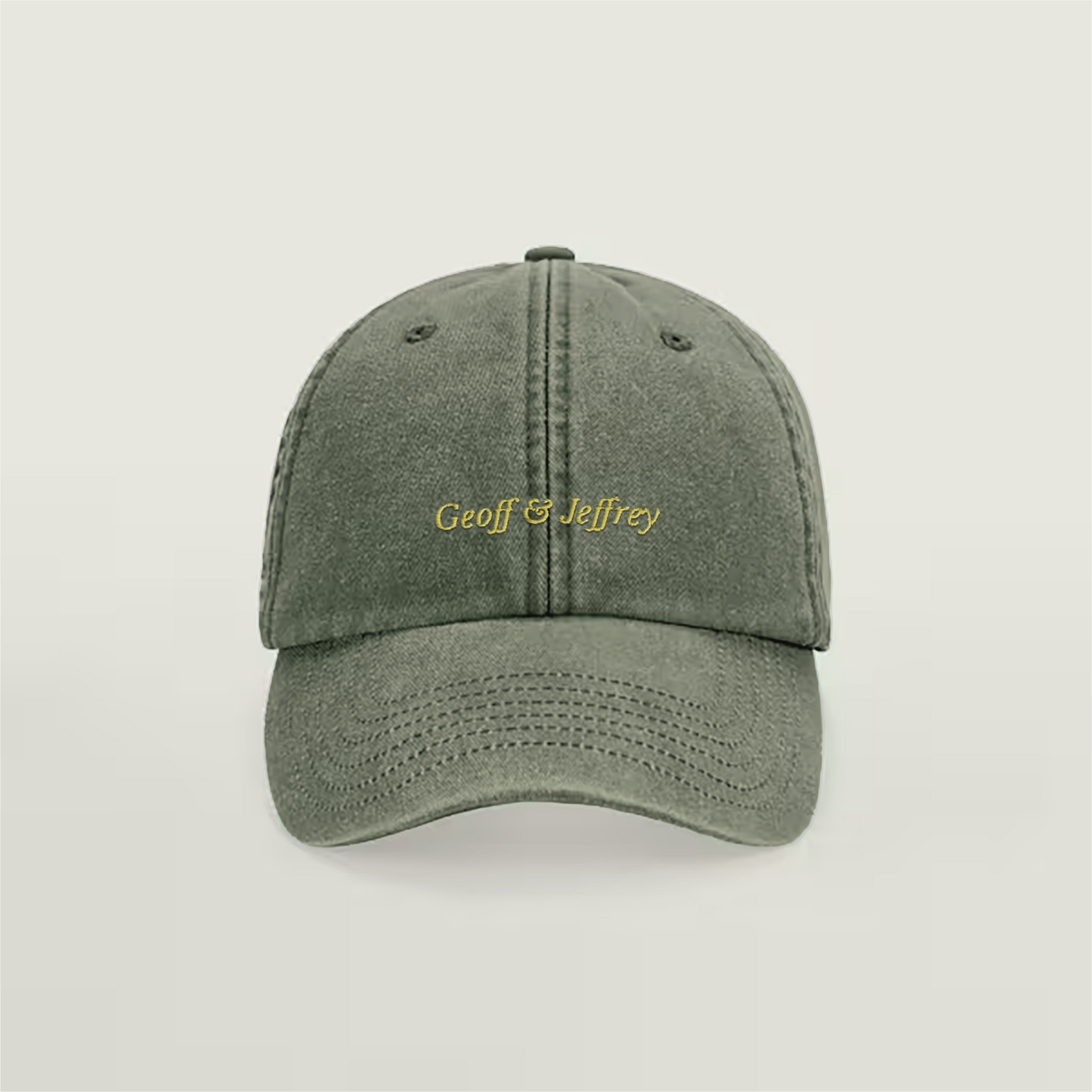 Front view of Geoff & Jeffrey vintage Olive Green dad cap with yellow embroidery