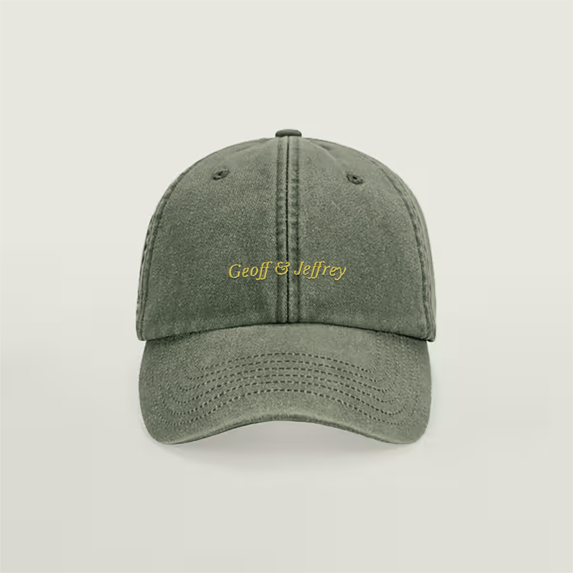 Front view of Geoff & Jeffrey vintage Olive Green dad cap with yellow embroidery