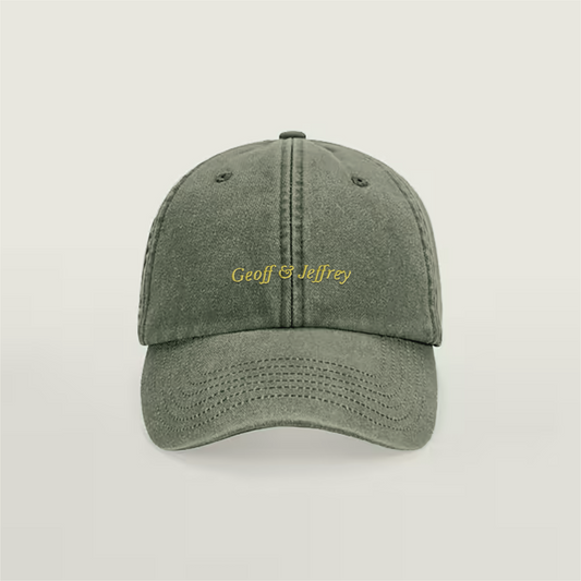Front view of Geoff & Jeffrey vintage Olive Green dad cap with yellow embroidery