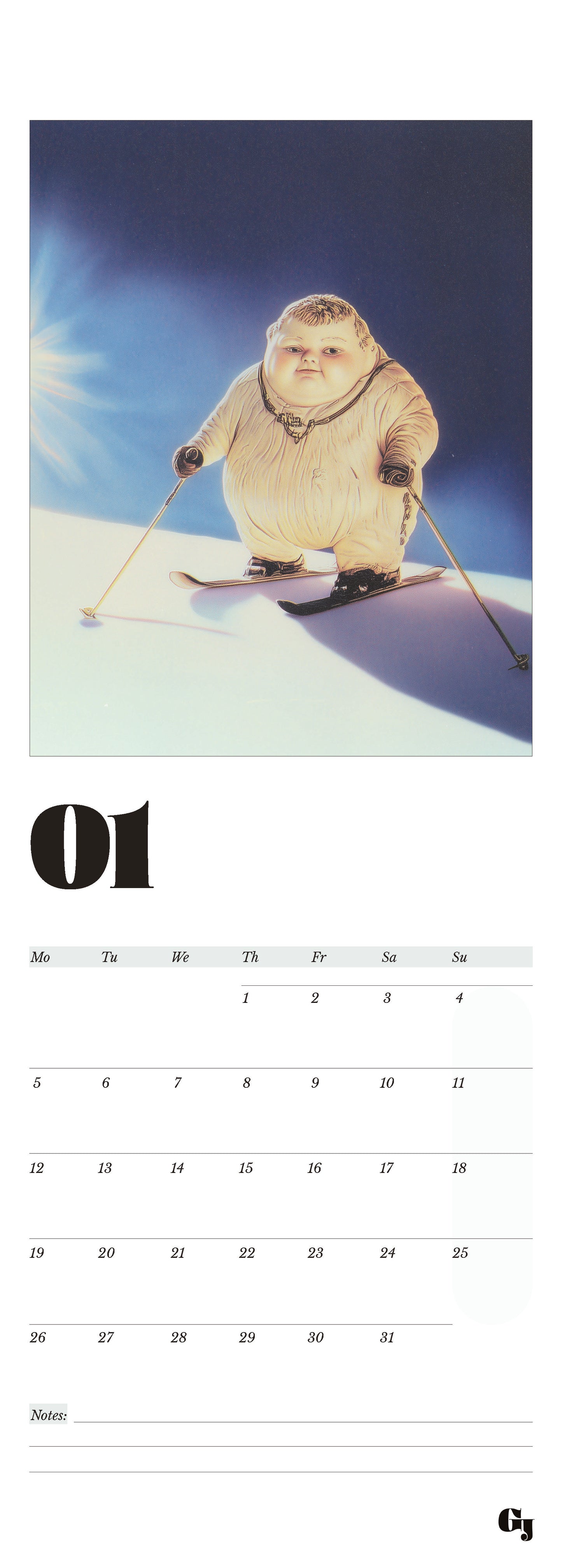Wall calendar month notes funny boy skiing on a snowy mountain with sun