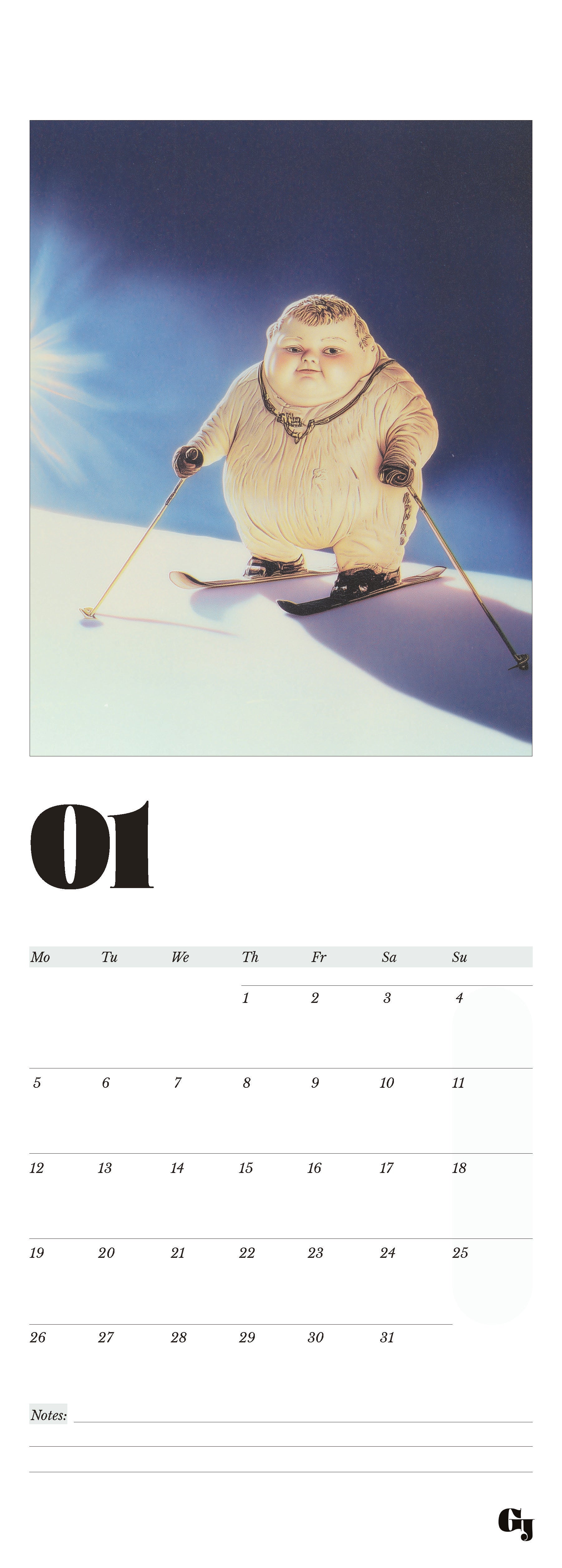 Wall calendar month notes funny boy skiing on a snowy mountain with sun