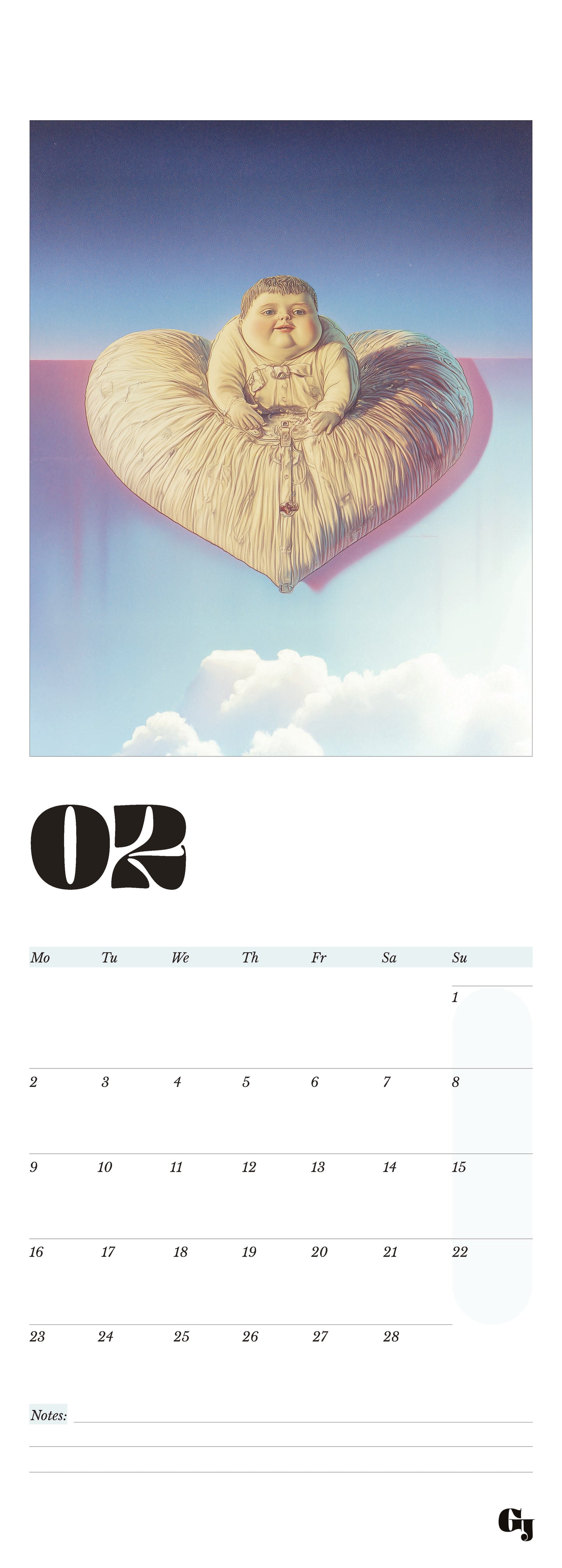 Calendar page with a heart-shaped pillow and a funny boy on a pink blue background gradient background with dreamy clouds