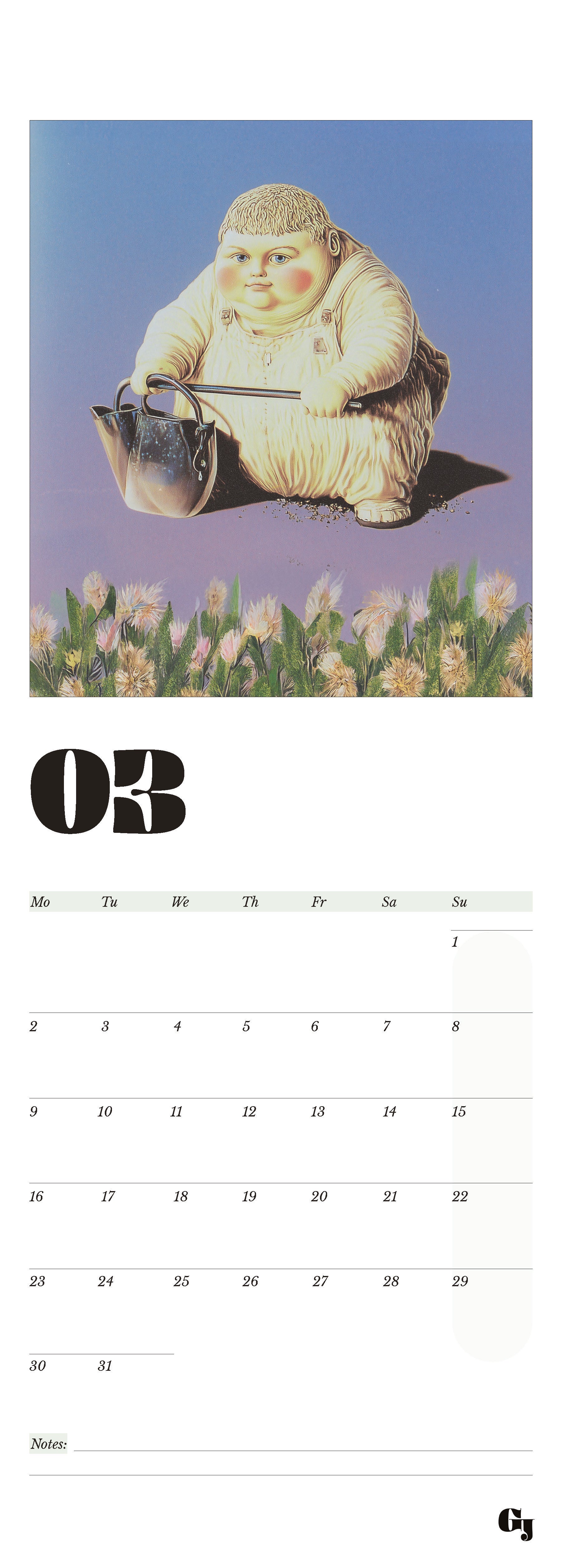 Wall calendar month notes funny boy sitting in garden with grass with bag and seeds on a blue background
