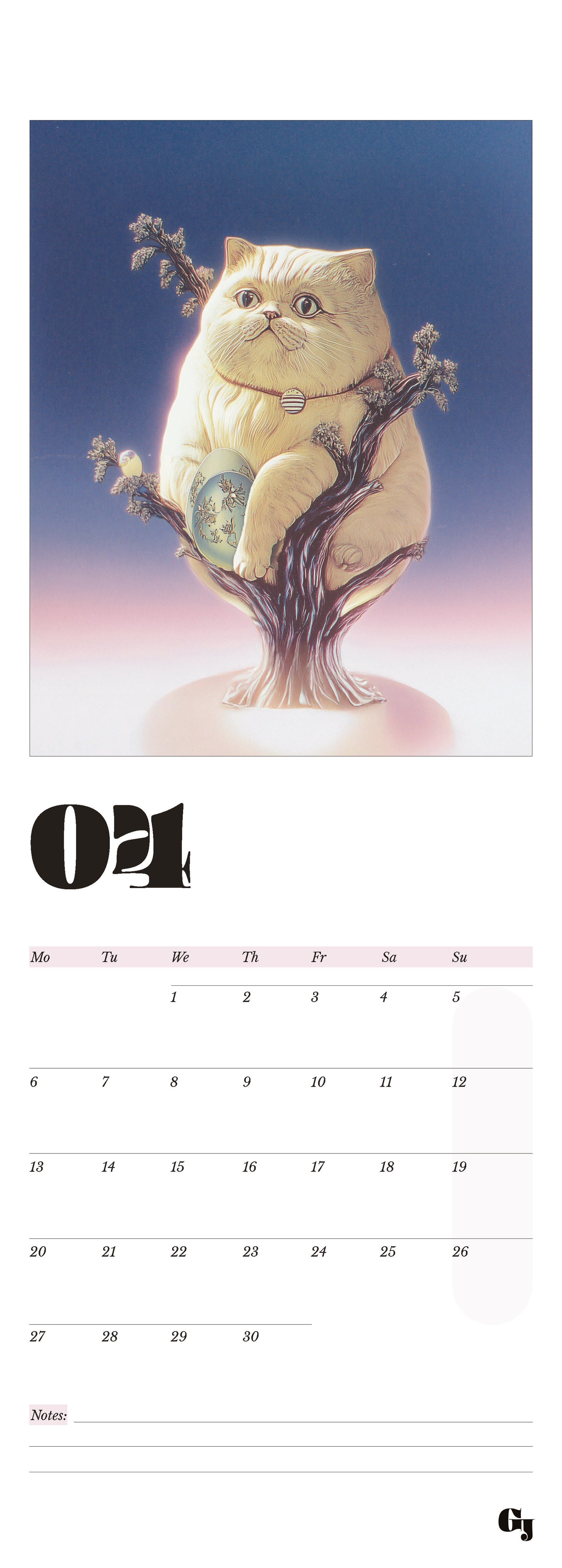 Wall calendar month notes funny cat in a tree with easter eggs on a pink blue background