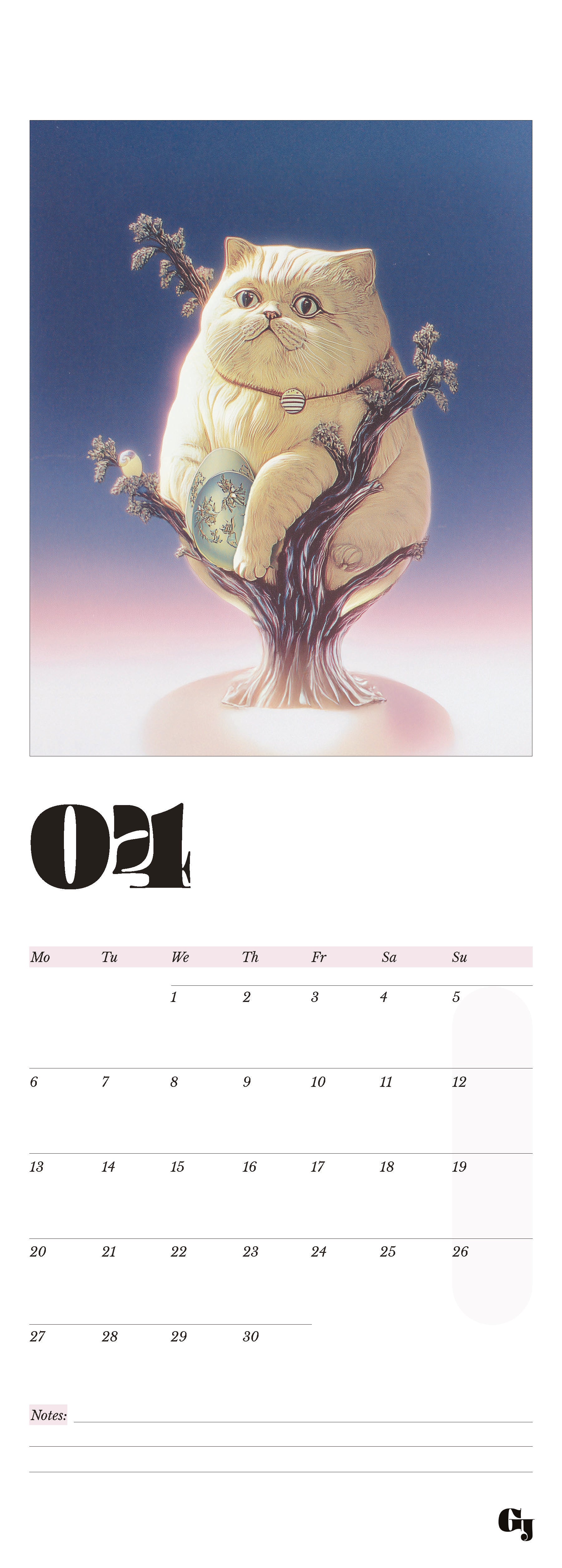 Wall calendar month notes funny cat in a tree with easter eggs on a pink blue background