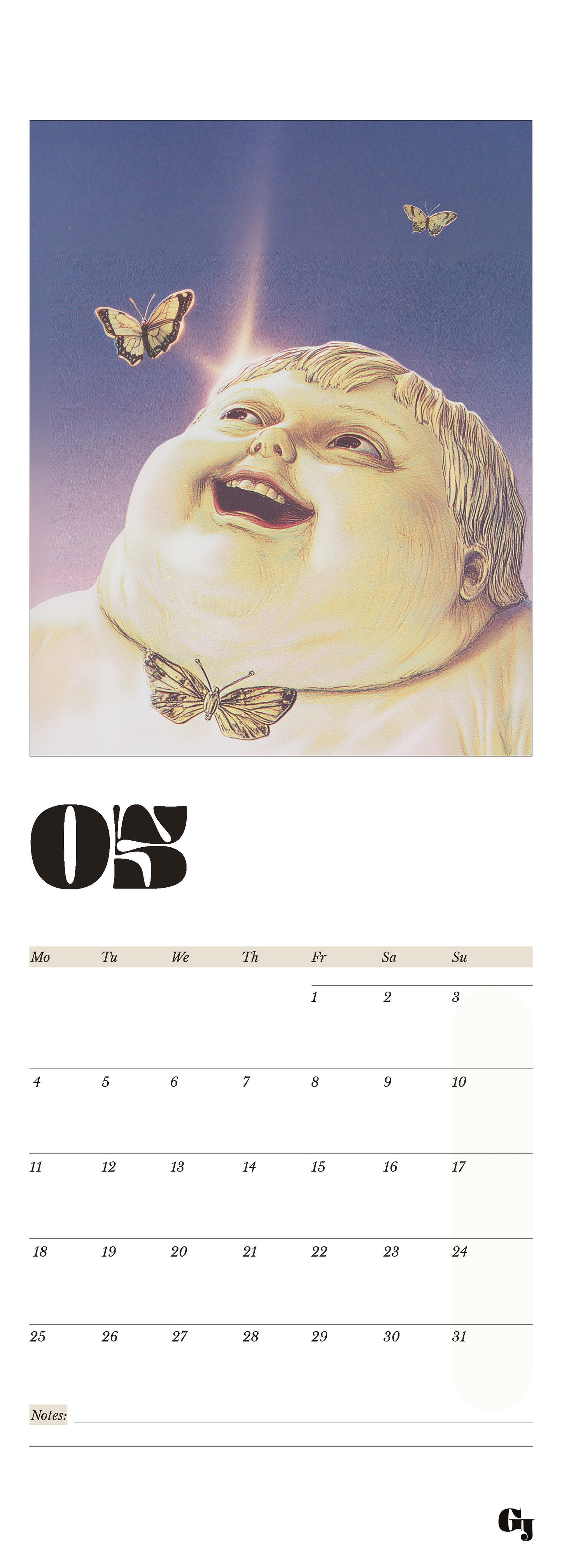 Wall calendar month notes funny boy in summer with butterflies looking happy, laughing, smiling