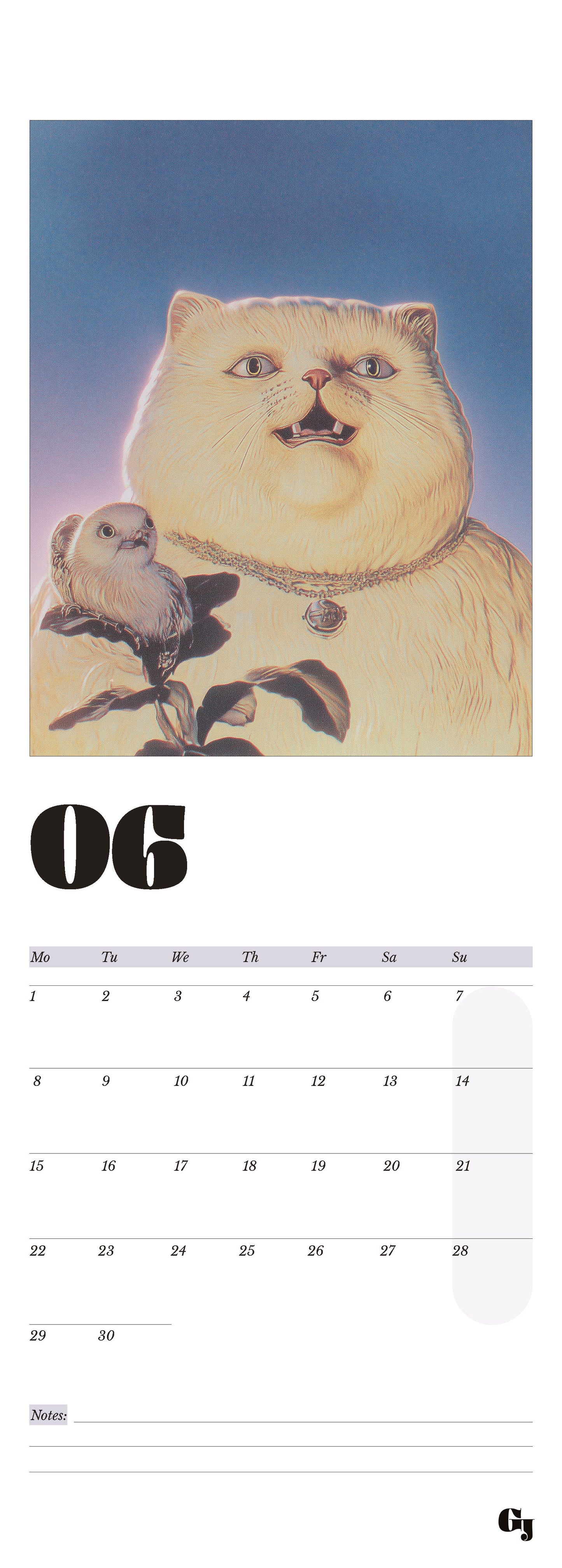 Wall calendar month notes funny happy cat bird spring 