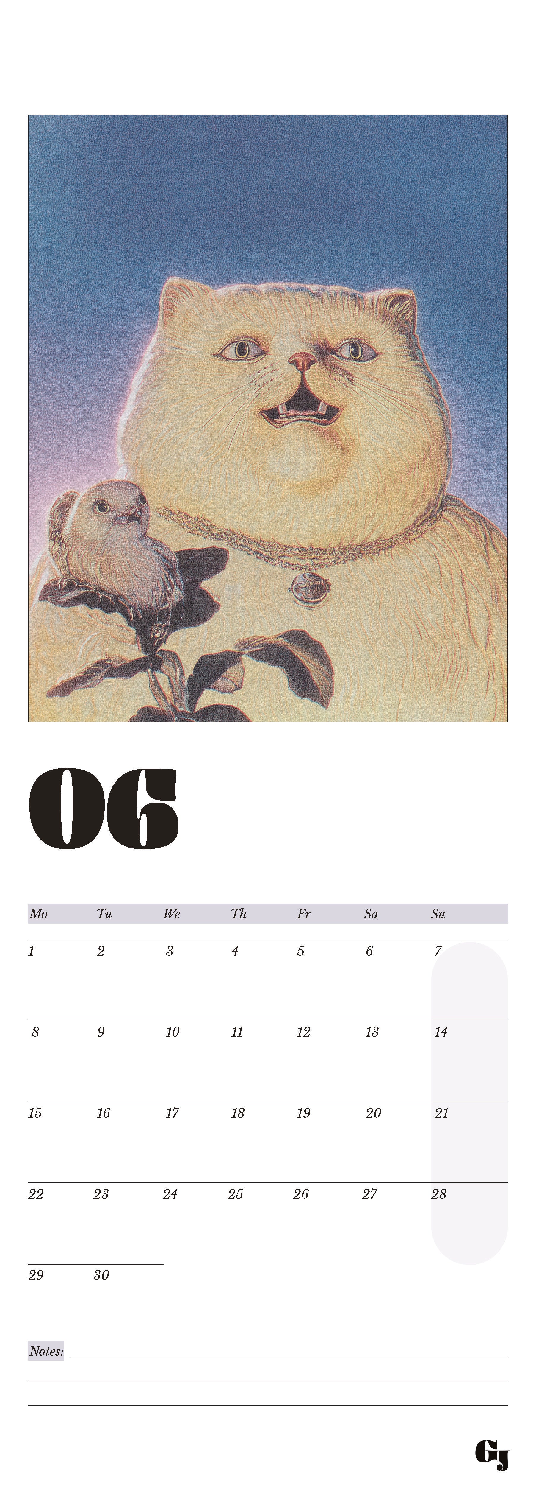 Wall calendar month notes funny happy cat bird spring 