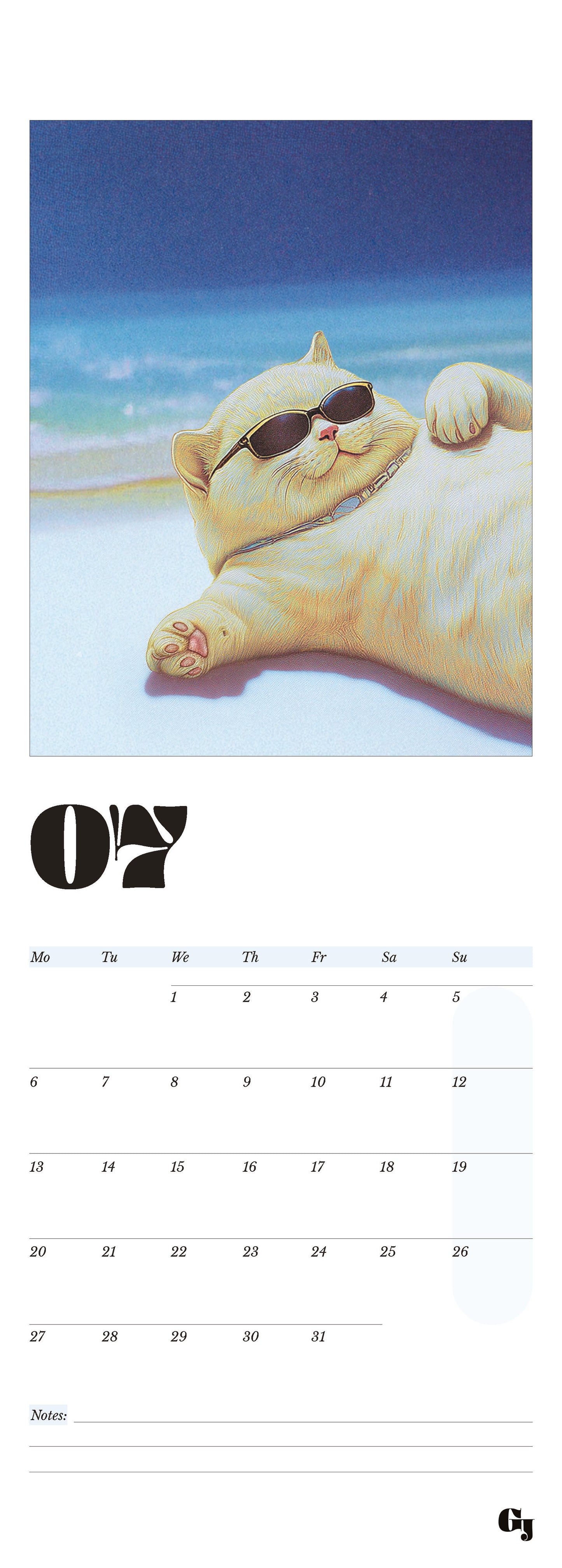 Wall calendar month notes funny cat sunglasses summer see beach chilling