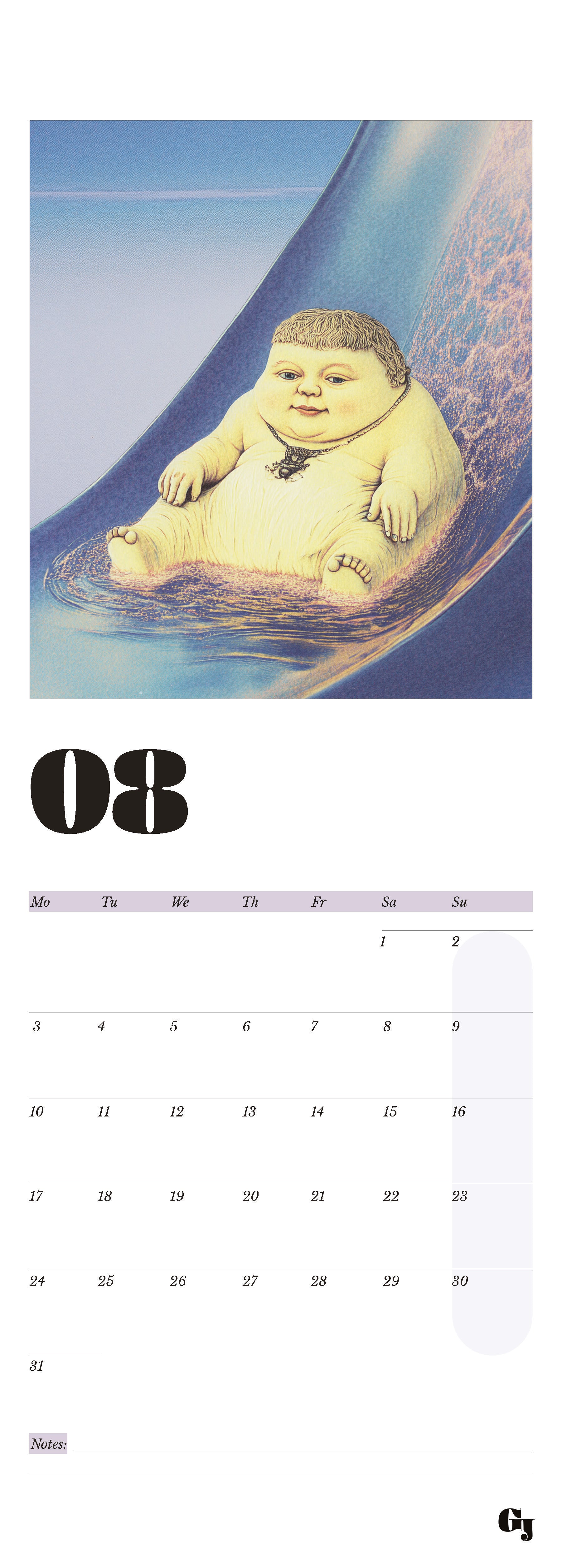 Wall calendar month notes funny boy waterslide