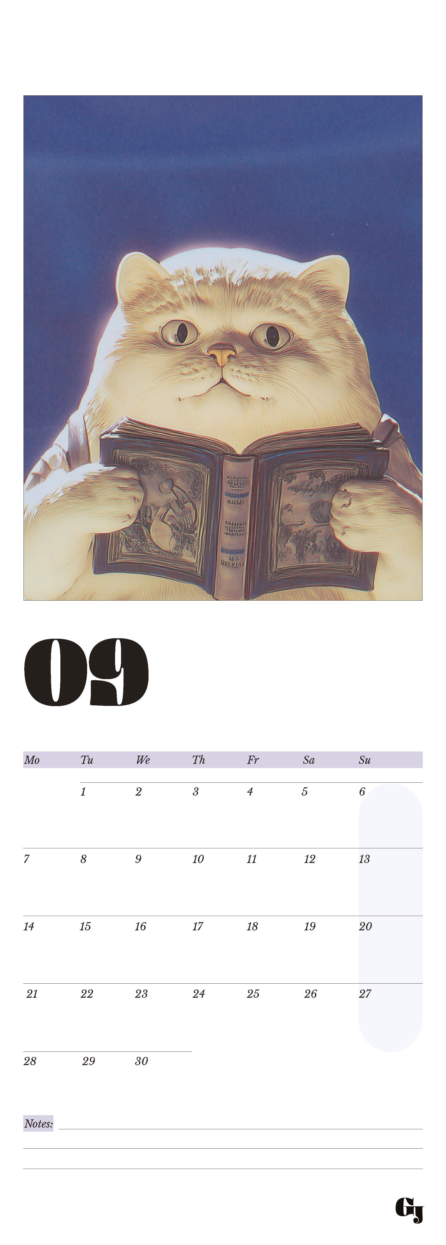 Wall calendar month notes funny cat book back to school study