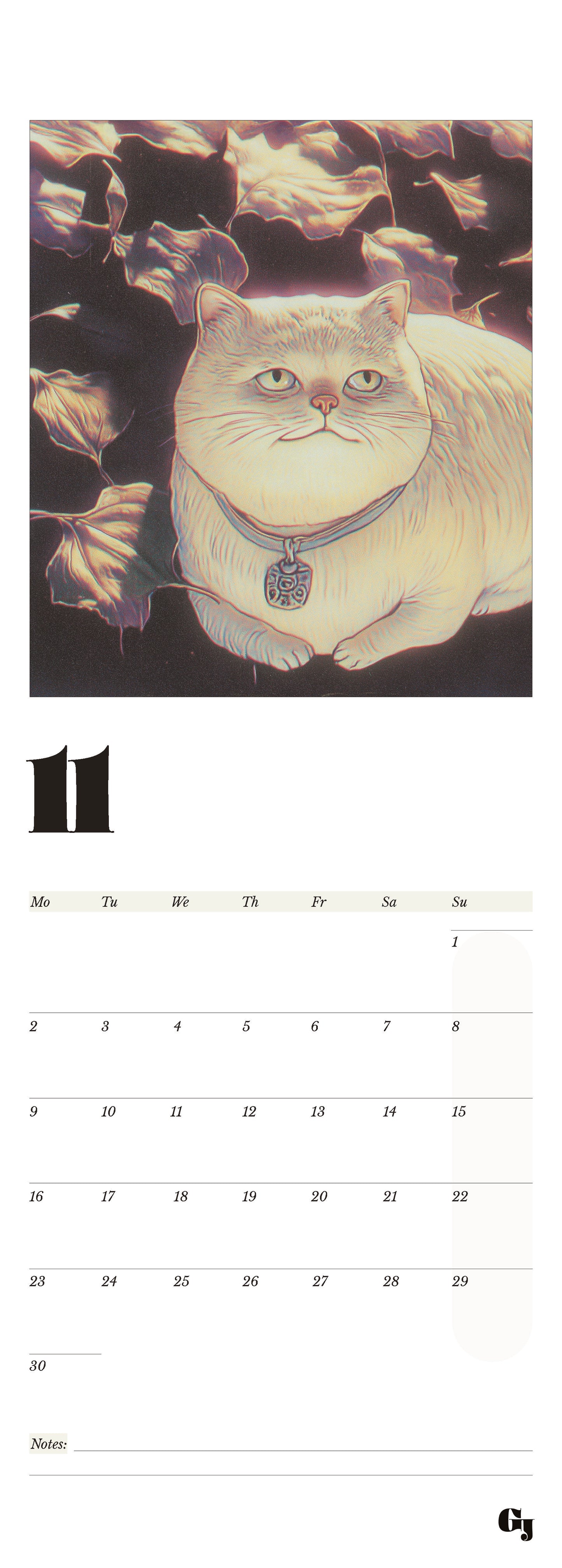 Wall calendar month notes fall leaves autumn funny cat
