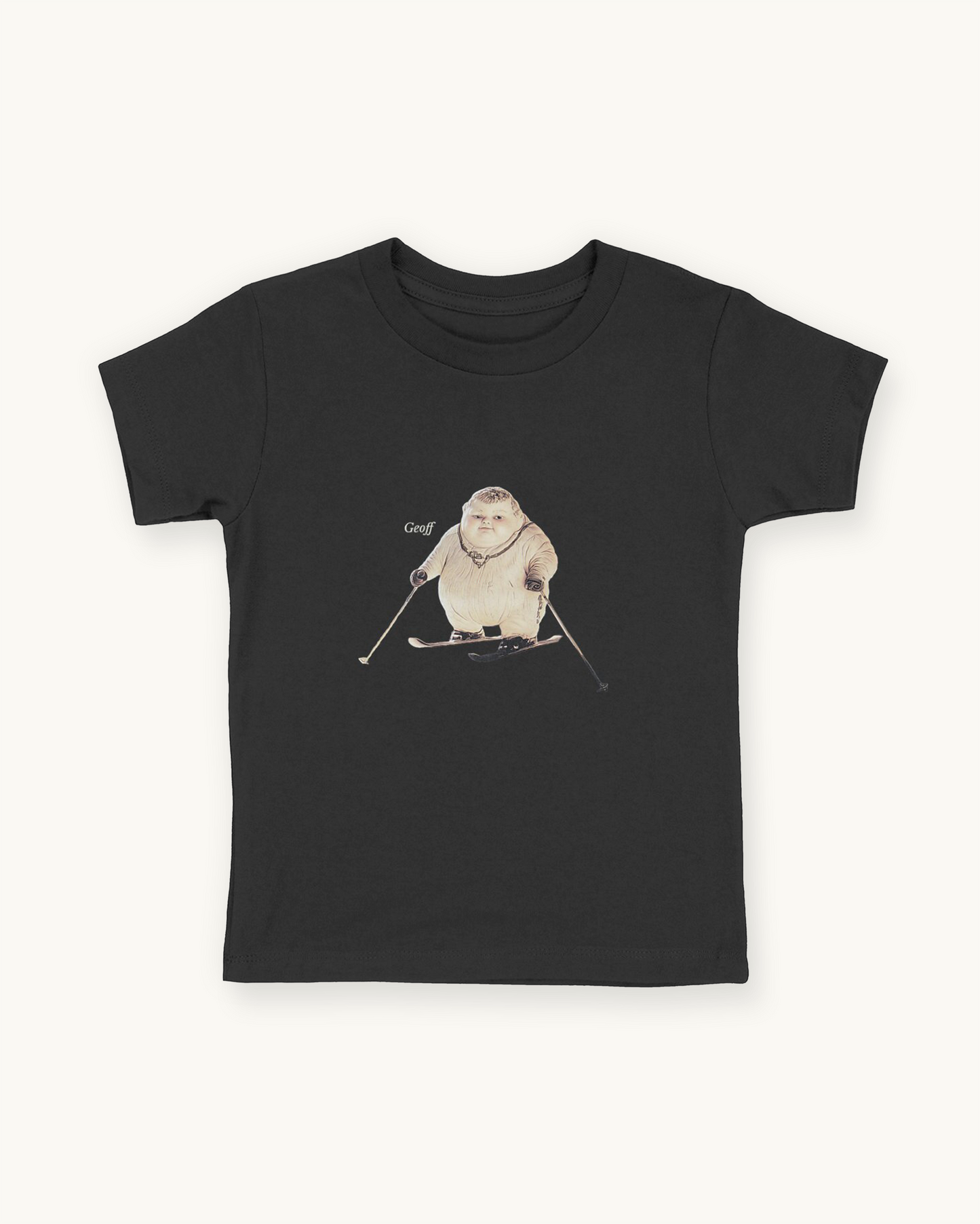 black organic cotton Geoff & Jeffrey children’s t-shirt. The front of the shirt has a print of Geoff with skis