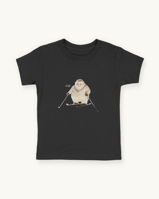 black organic cotton Geoff & Jeffrey children’s t-shirt. The front of the shirt has a print of Geoff with skis