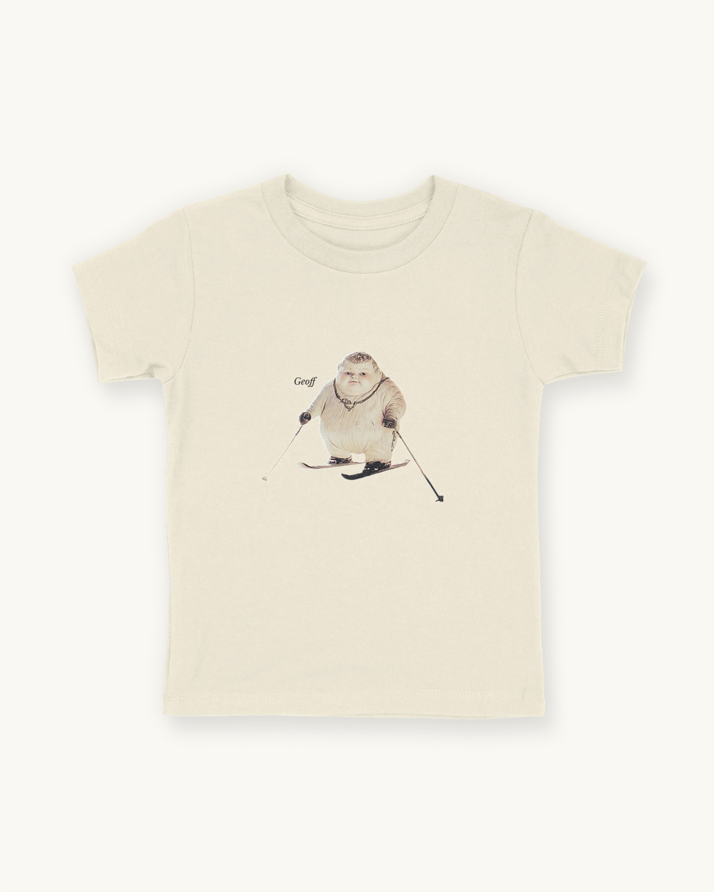 natural organic cotton Geoff & Jeffrey children’s t-shirt. The front of the shirt has a print of Geoff with skis