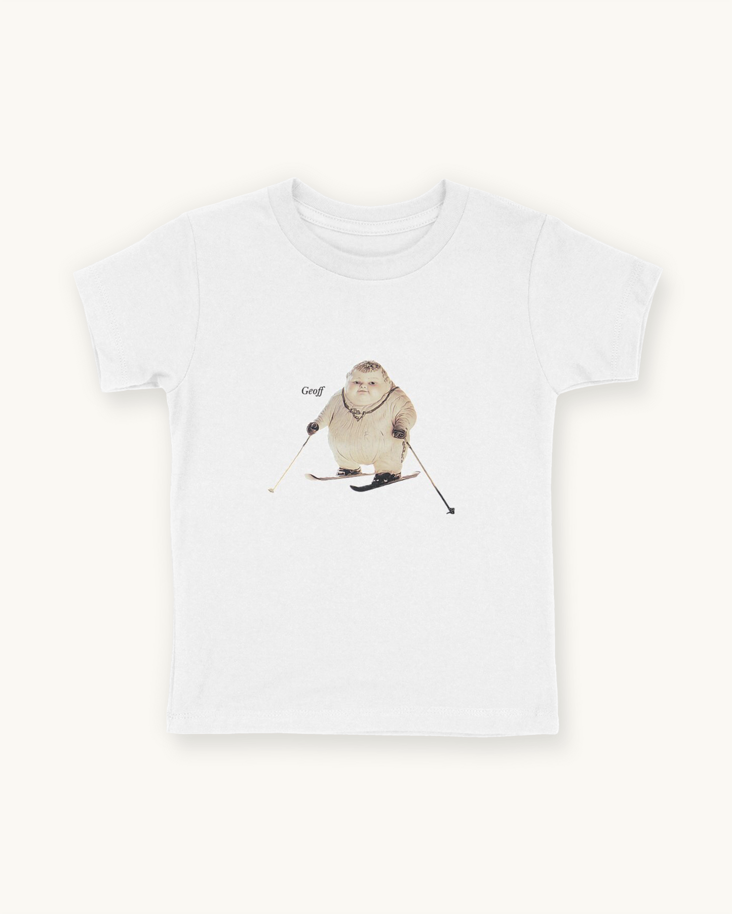 white organic cotton Geoff & Jeffrey children’s t-shirt. The front of the shirt has a print of Geoff with skis