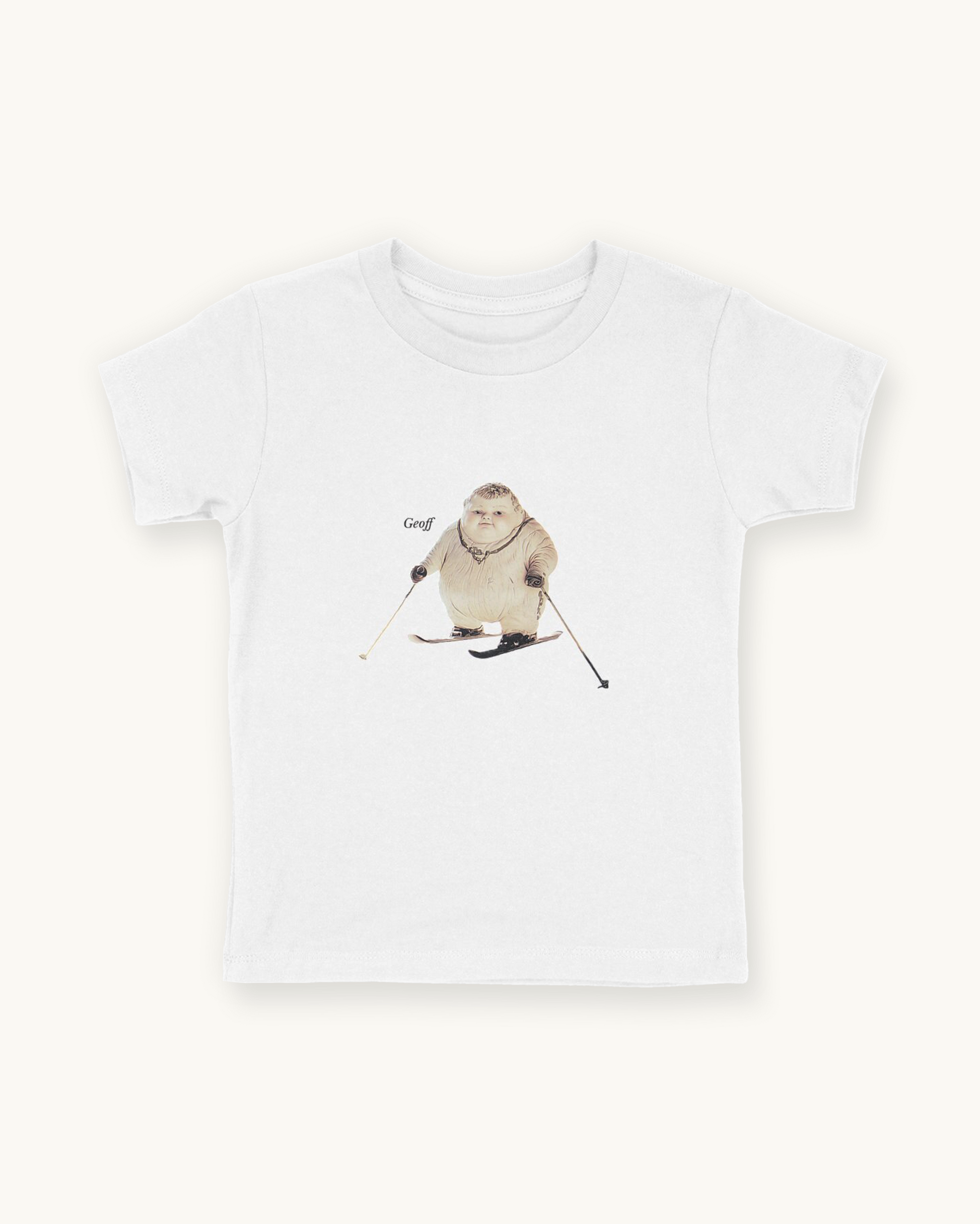 white organic cotton Geoff & Jeffrey children’s t-shirt. The front of the shirt has a print of Geoff with skis