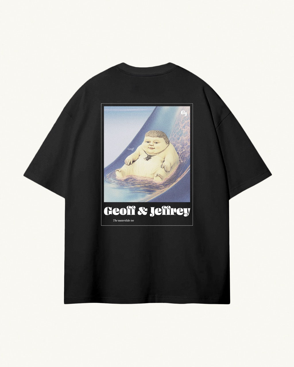 Men's black organic cotton Geoff & Jeffrey t-shirt with a large graphic backprint of a joyful, proud boy (Geoff) going down the waterslide, with the brandname and title printed below. The t-shirt has a cool aesthetic.