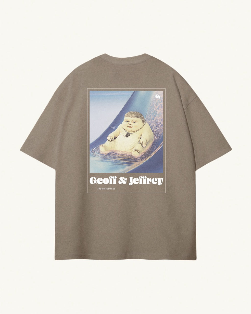 Men's light kaki / brown organic cotton Geoff & Jeffrey t-shirt with a large graphic backprint of a joyful, proud boy (Geoff) going down the waterslide, with the brandname and title printed below. The t-shirt has a cool aesthetic.