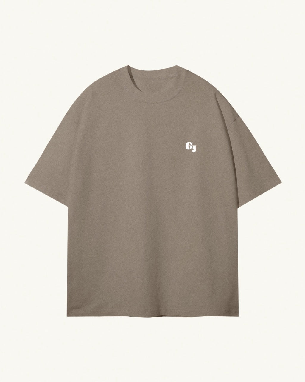 Men's light kaki / brown organic cotton Geoff & Jeffrey front of t-shirt with the brand logo. The t-shirt has a minimal design.
