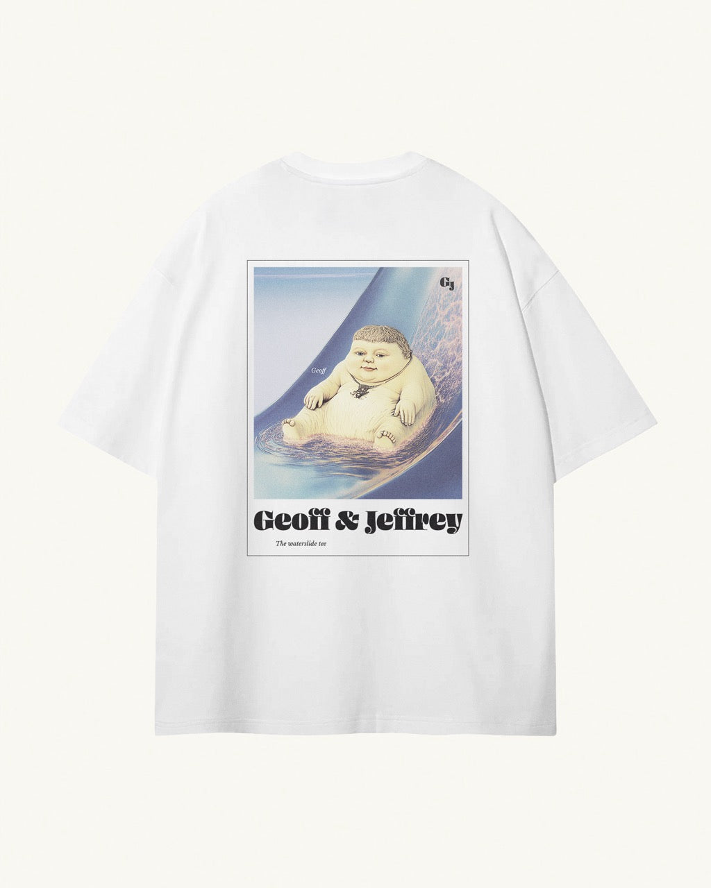 Men's white organic cotton Geoff & Jeffrey t-shirt with a large graphic backprint of a joyful, proud boy (Geoff) going down the waterslide, with the brandname and title printed below. The t-shirt has a cool aesthetic.