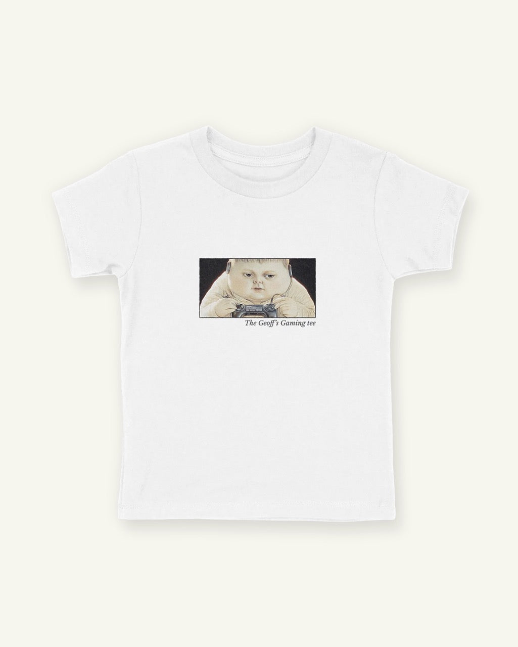 White fitted children's tee with a framed front print of the boy Geoff gaming with the title below in Libre Baskerville.