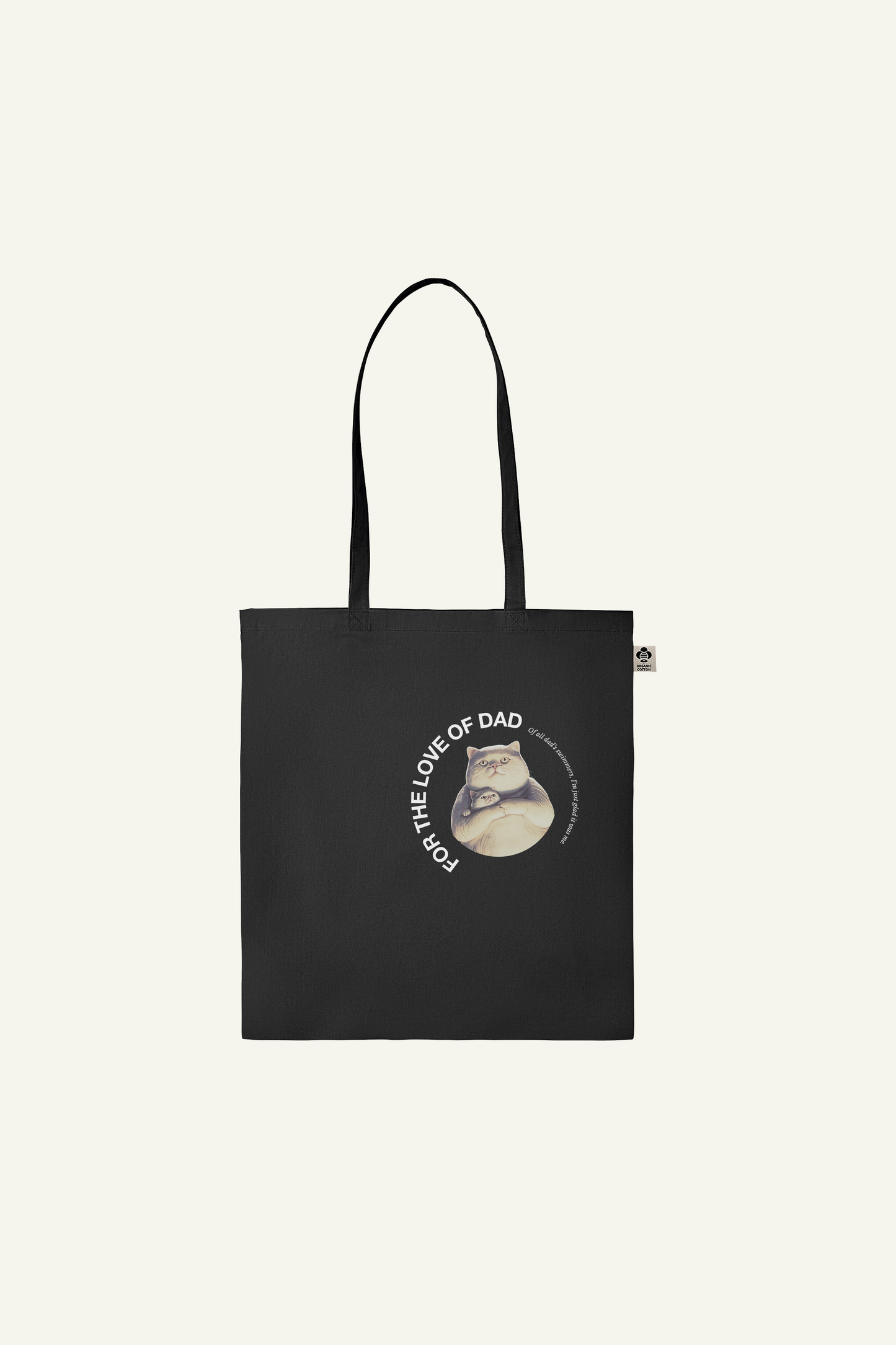 fathersday totebag with funny text and graphic of cat Jeffrey and his daddy, in black