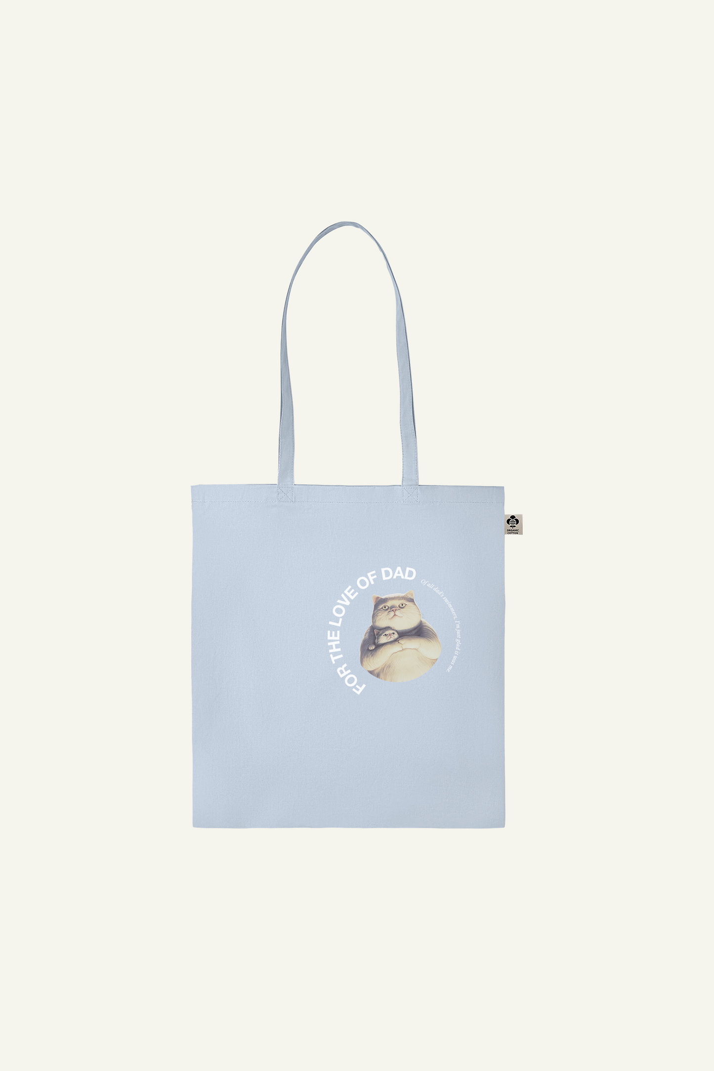 fathersday totebag with funny text and graphic of cat Jeffrey and his daddy, in light blue