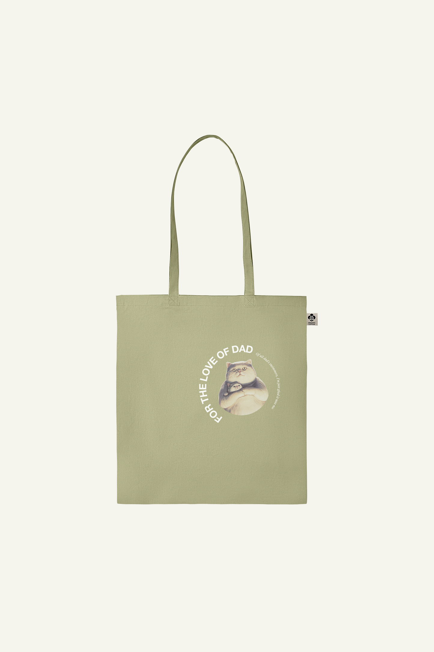 fathersday totebag with funny text and graphic of cat Jeffrey and his daddy, in kaki green