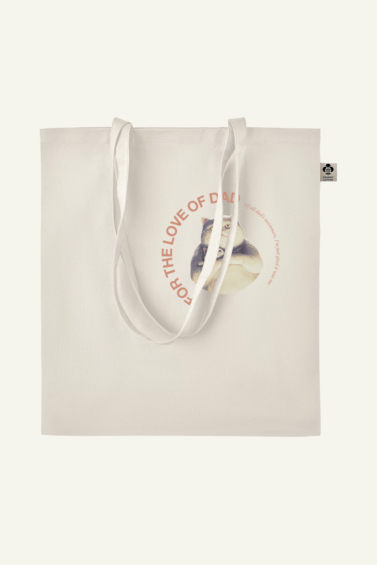 fathersday totebag with funny text and graphic of cat Jeffrey and his daddy, in natural white