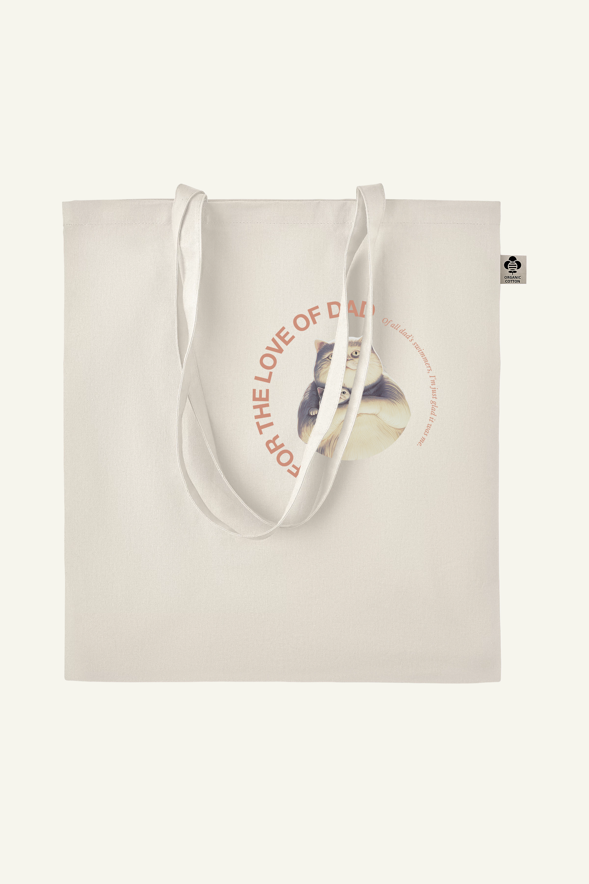 fathersday totebag with funny text and graphic of cat Jeffrey and his daddy, in natural white