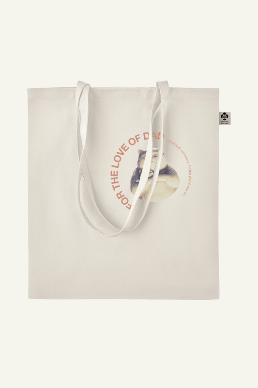 fathersday totebag with funny text and graphic of cat Jeffrey and his daddy, in natural white