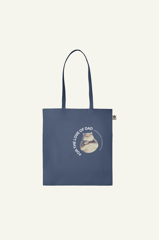 fathersday totebag with funny text and graphic of cat Jeffrey and his daddy, in nacvy marine blue