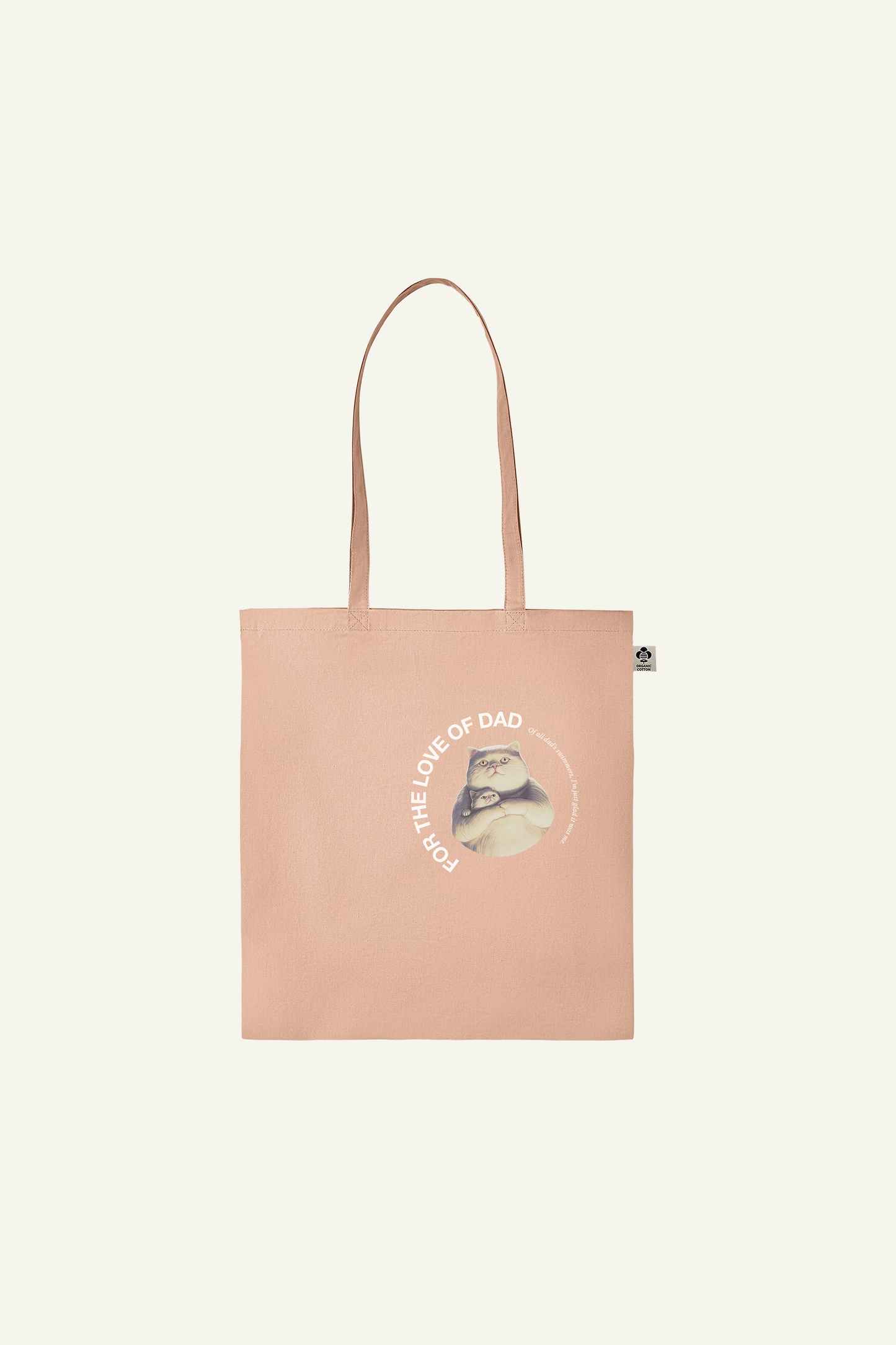 fathersday totebag with funny text and graphic of cat Jeffrey and his daddy, in pink peach