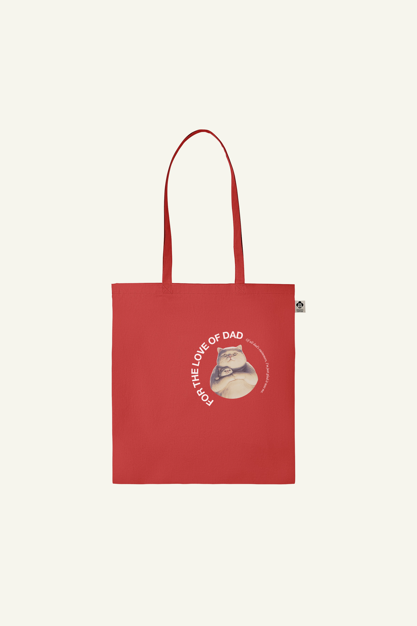 fathersday totebag with funny text and graphic of cat Jeffrey and his daddy, in red