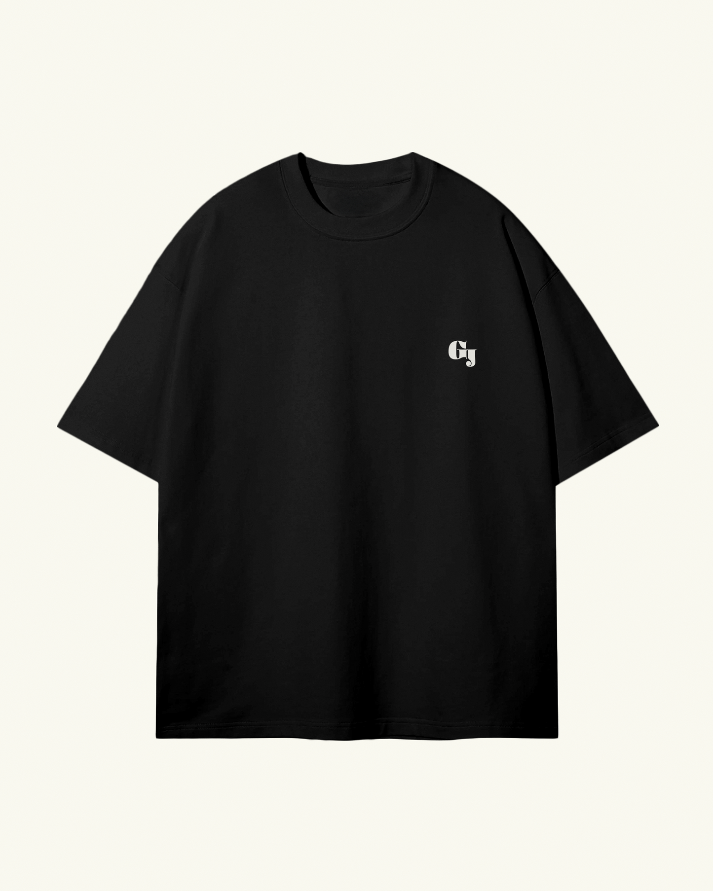 black organic cotton Geoff & Jeffrey unisex tee with drop shoulders and logo GJ on the front in ohno blazeface