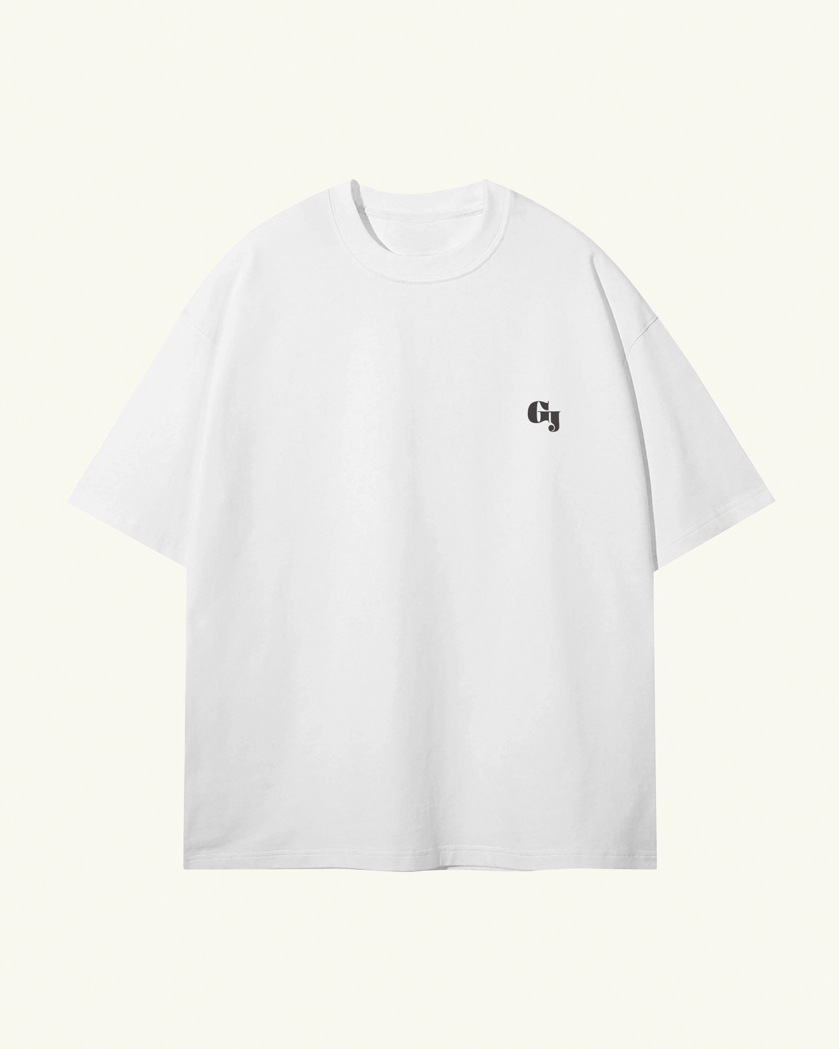 white organic cotton Geoff & Jeffrey unisex tee with drop shoulders and logo GJ on the front in ohno blazeface