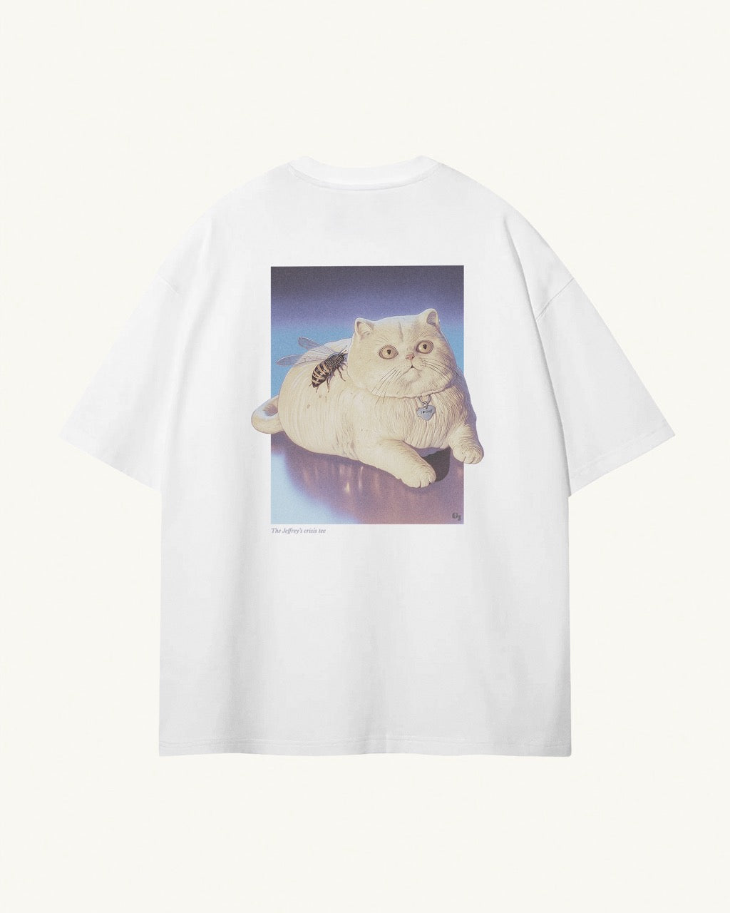 white organic cotton Geoff & Jeffrey unisex t-shirt with a large graphic backprint of a funny fat cat (Jeffrey) with a wasp on his back, and the title printed below. The t-shirt has a cool aesthetic.