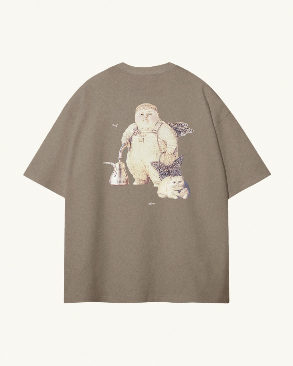 light kaki / brown organic cotton Geoff & Jeffrey unisex t-shirt with drop shoulders and a large graphic backprint of the weird duo, with their names printed aside in elegant font Libre Baskerville. The shirt has a cool aesthetic.