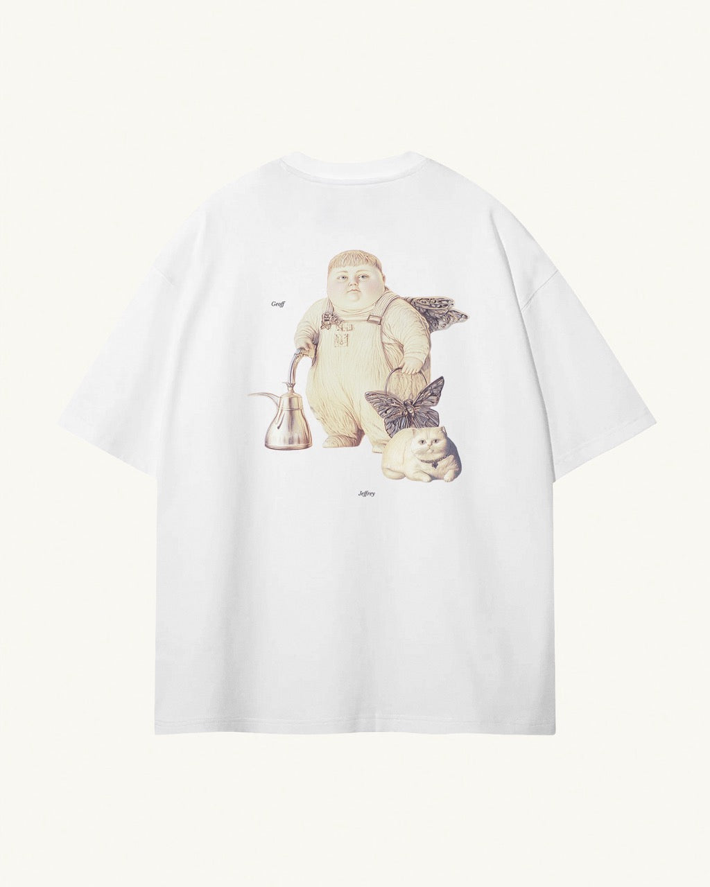 white organic cotton Geoff & Jeffrey unisex t-shirt with drop shoulders and a large graphic backprint of the weird duo, with their names printed aside in elegant font Libre Baskerville. The shirt has a cool aesthetic.