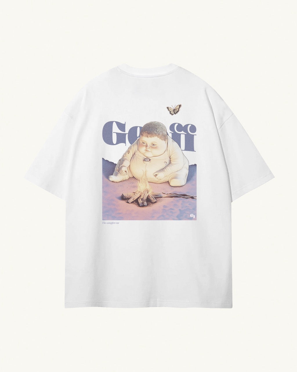 white organic cotton Geoff & Jeffrey unisex t-shirt with drop shoulders and a large back print of the cute boy Geoff sitting by the fire with butterfly. His name large behind Geoff and the title printed below. The shirt has a retro aesthetic.