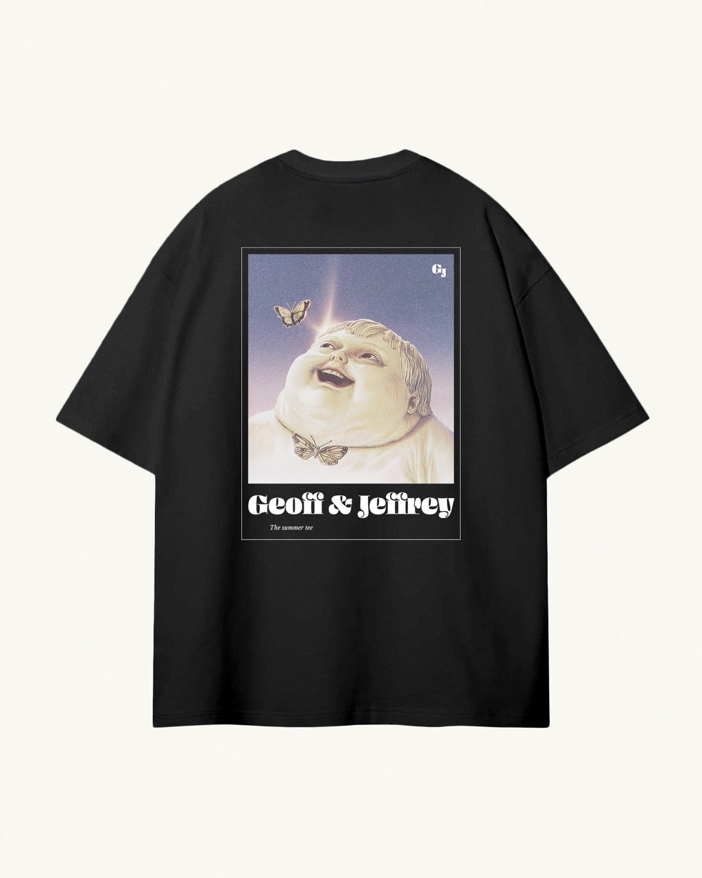 black organic cotton Geoff & Jeffrey unisex t-shirt with drop shoulders  and a large graphic backprint of a joyful, proud boy (Geoff) enjoying summer with butterfly, with the brandname and title printed below. The t-shirt has a cool aesthetic.