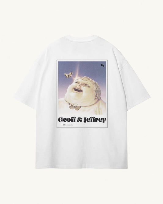 white organic cotton Geoff & Jeffrey unisex t-shirt with drop shoulders  and a large graphic backprint of a joyful, proud boy (Geoff) enjoying summer with butterfly, with the brandname and title printed below. The t-shirt has a cool aesthetic.