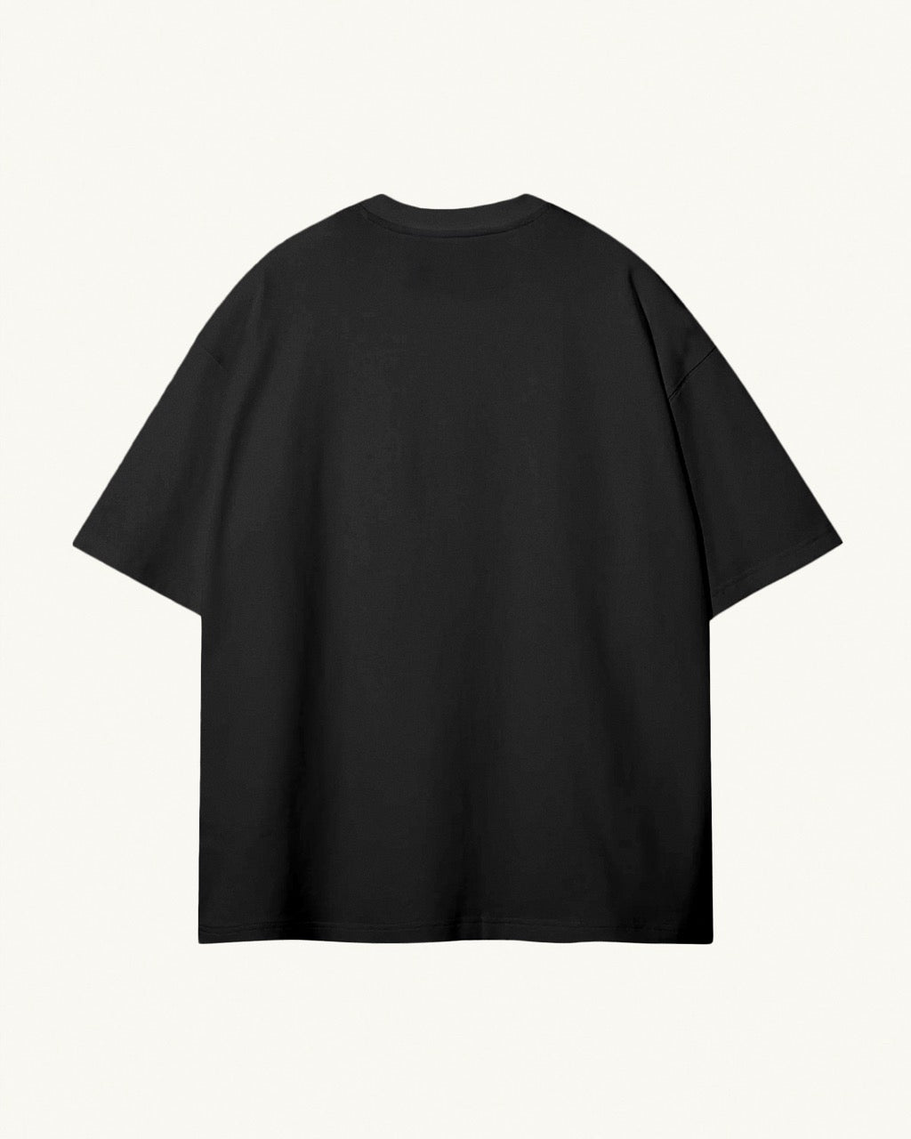 Back of a black organic cotton Geoff & Jeffrey, unisex t-shirt with drop shoulders.